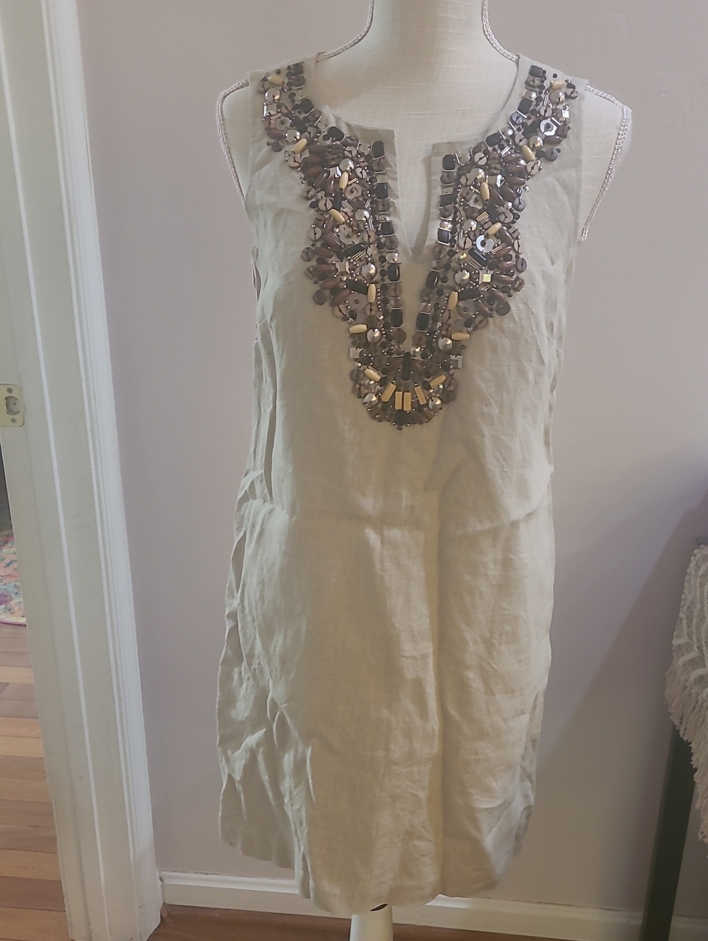 Michael Kors Light Beige Linen-Blend Dress with Embellished Label Size 6